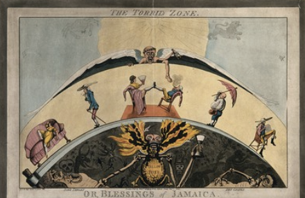 A parody astrological diagram showing opposing aspects of the life of settlers in Jamaica: langorous noons and the hells of yellow fever. Coloured aquatint after A.James, 1800.