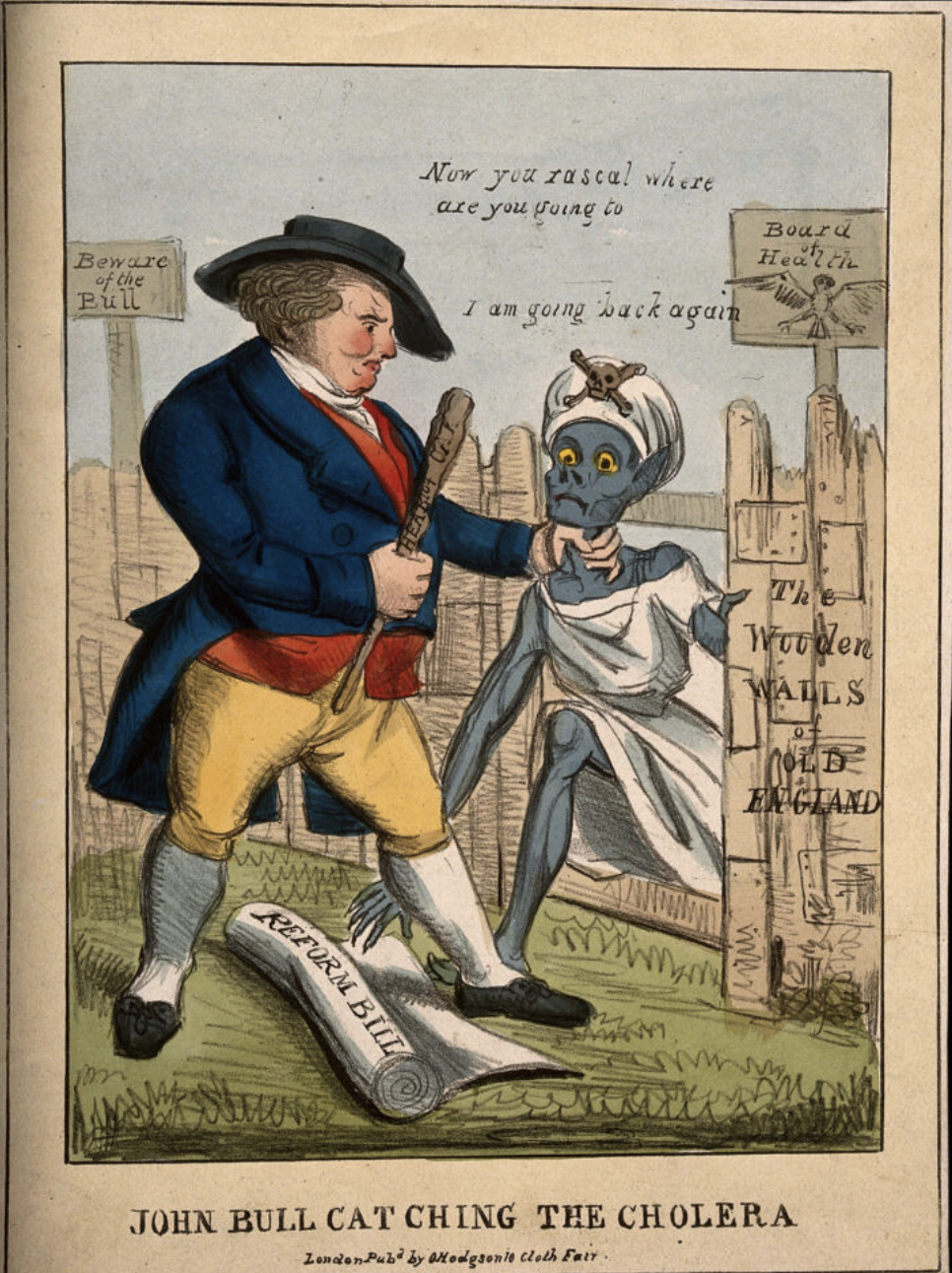 John Bull defending Britain against the invasion of cholera; comparing the Reform Bill to the cholera epidemic. Coloured lithograph, c. 1832.